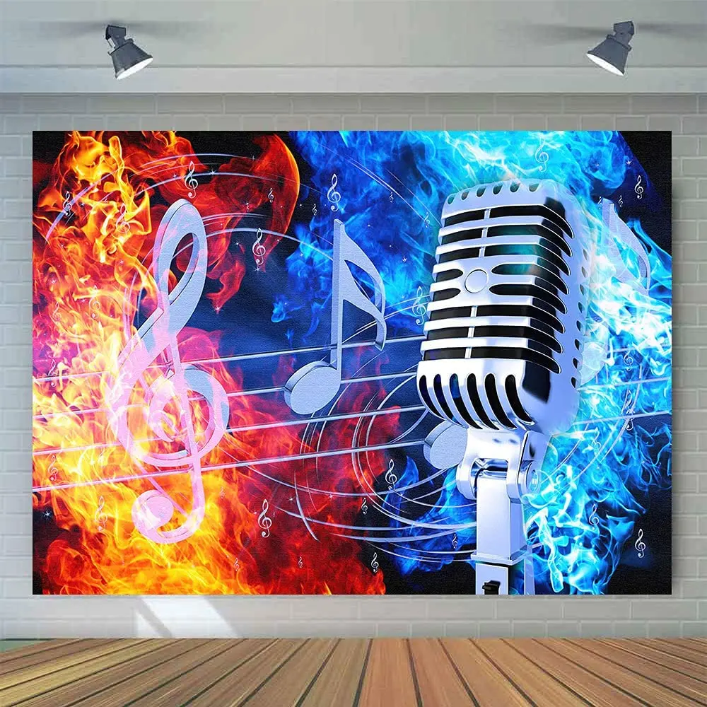 

Ice Fire Microphone Photography Backdrop Rap Concert Party Fire Blue Water Red Flame Musical Notes Birthday Supplies Background