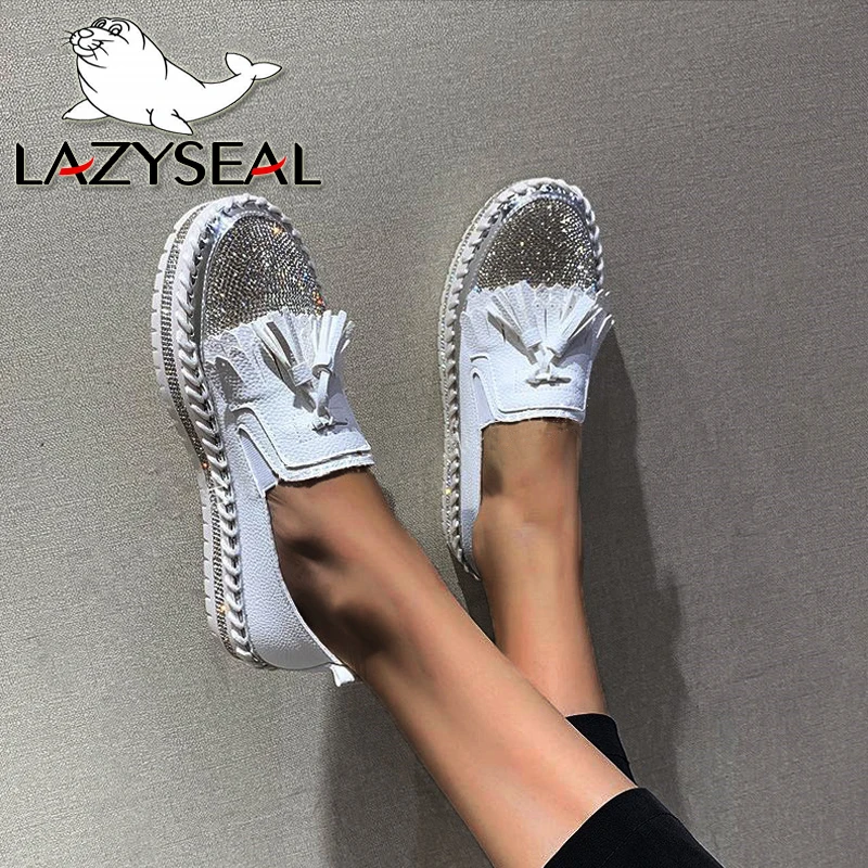 LazySeal 2021 mocassini con frange scarpe donna lusso cristallo Slip on Platform appartamenti Casual Plus Size 43 tacchi piatti Sneakers Mujer