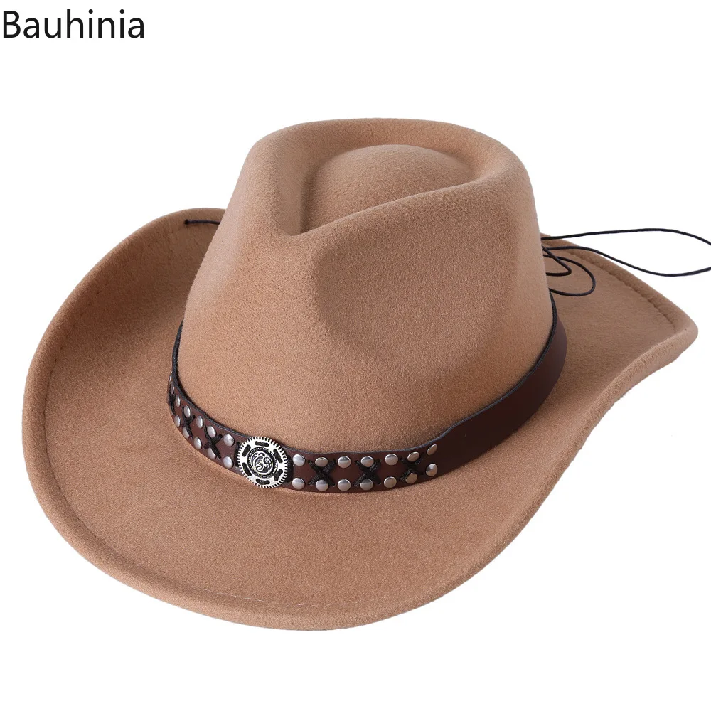 Bauhinia-Sombrero de vaquero occidental de lana para hombre y mujer, gorra de Jazz de ala ancha, Sombrero de Iglesia, Estilo Vintage