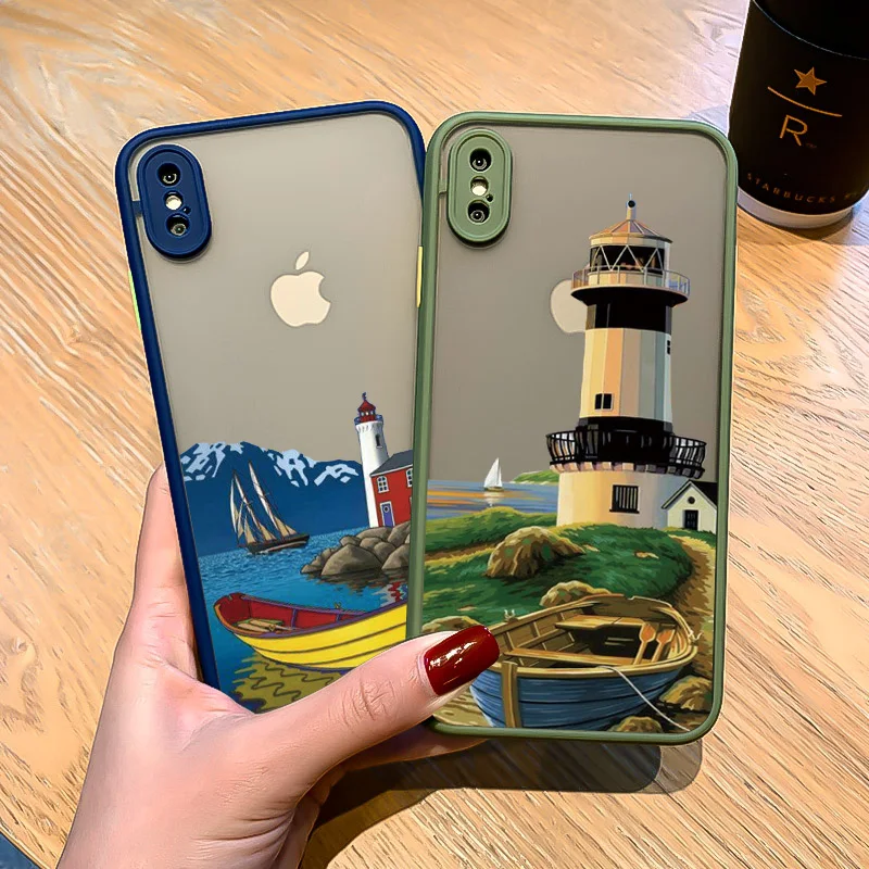 Hand Painted Lighthouse Bird Seagull Phone Case for iphone 16 14 11 12 13 15 Pro Max 7 8 Plus SE 2020 X XS XR Hard back Covers