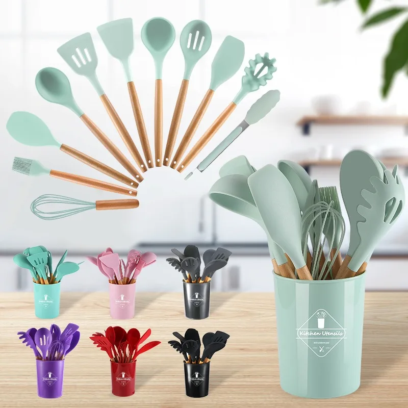 Non-stick Silicone Kitchenware Cooking Utensils Set Cookware Spatula Shovel Egg Beaters Wooden Handle Kitchen Cooking Tool Set