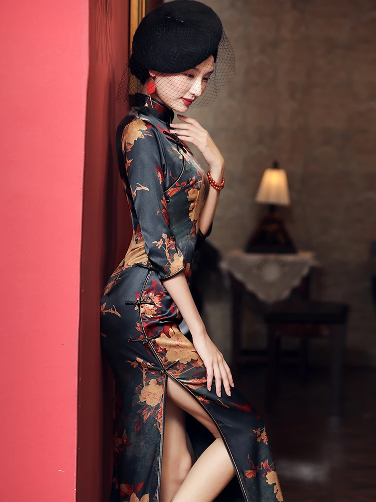 Qipao Evening Dresses Silk Cheongsam Dress Black Printing Large Size Cheongsams HighEndTraditional Qipao Chinese Dress