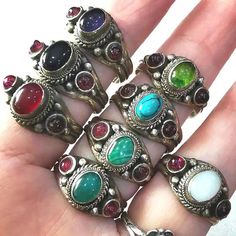 Tibetan Rings Rose Copper Inlaid Multi Glass Beads Open Rings From Nepal Vintage Jewel R146