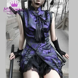 Gothic Women Chinese Style Stand Collar Button Bow Tassel Cheongsam Female Vintage Irregular Top Shirts Summer  Streetwear