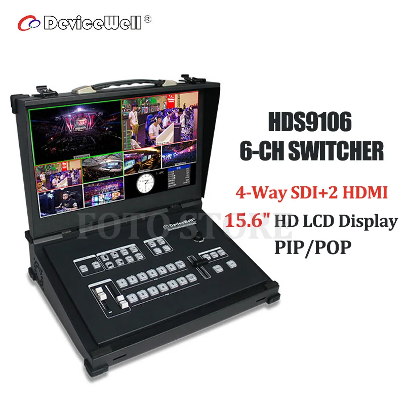 

DeviceWell HDS9106 6 channel Guide Switcher Portable New Media Live Broadcasts Video Switcher with 15.6" Screen Monitor