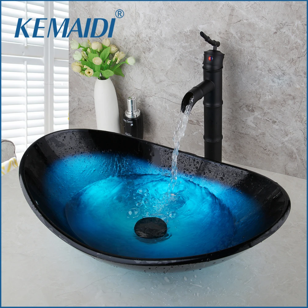 KEMAIDI New Waterfall Spout Basin Black Tap+Bathroom Sink Washbasin Tempered Glass Hand-Painted Bath Brass Set Faucet Mixer Taps