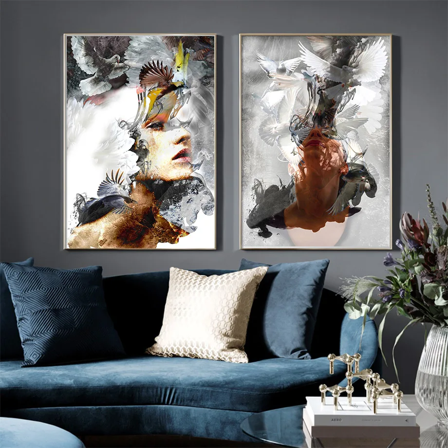 Abstract Girl Facial Silhouette with Pigeon Wall Art Canvas Nordic Living Room Decor Poster Print Modern Geometric Theme