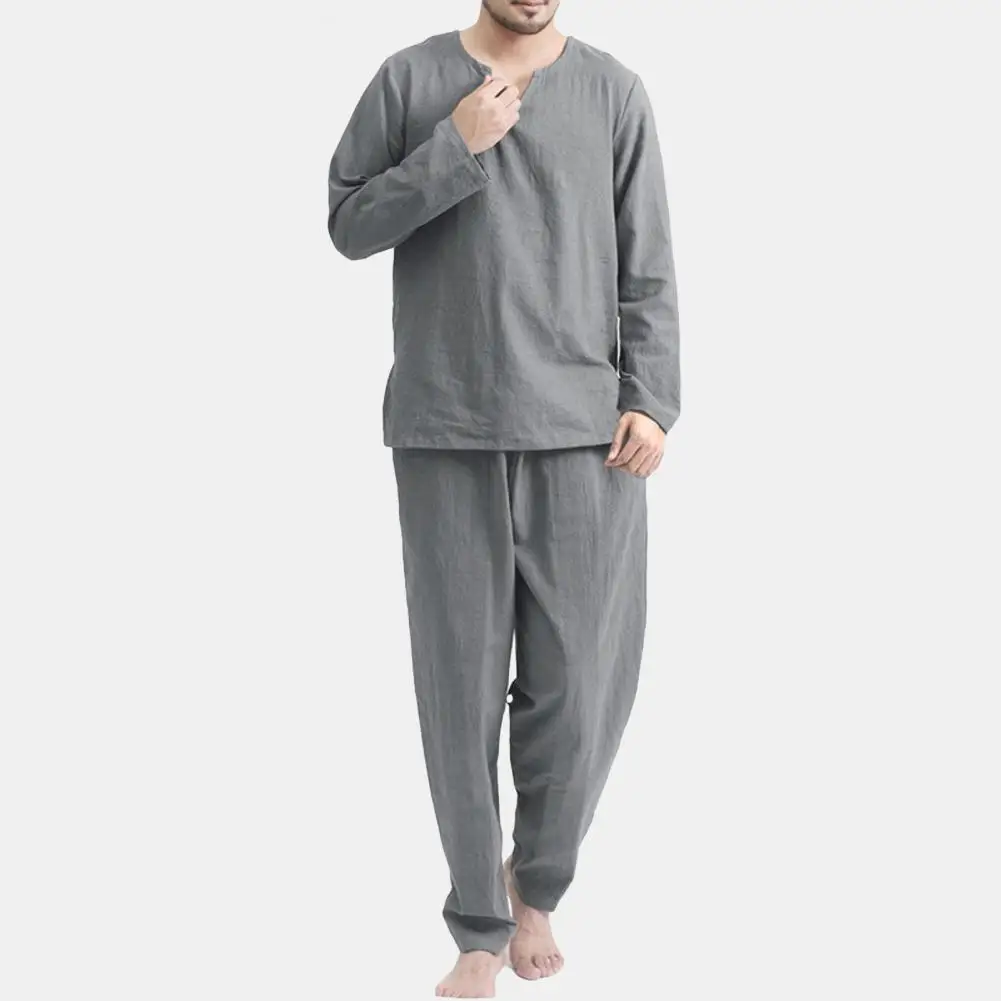 2pcs/Set Pajama Sets Men Solid Color Long Sleeve Pullovers Top Elastic Waist Pant Pijamas Male Sleepwear Nightwear pyjama homme