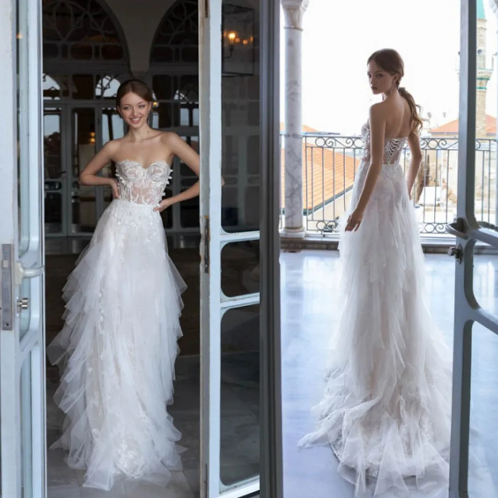 2020สายชุดแต่งงาน Sweetheart Lace Appliques ชุดเจ้าสาว Custom Made Lace-Up Back Sweep Train Wedding Dress