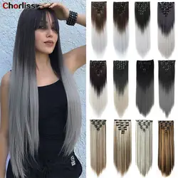 Chorliss-Extensions de Cheveux Longs et Raides, Postiche Synthétique, Fibre Haute Température, Noir, Marron, 16 Clips, 7Pcs par Ensemble