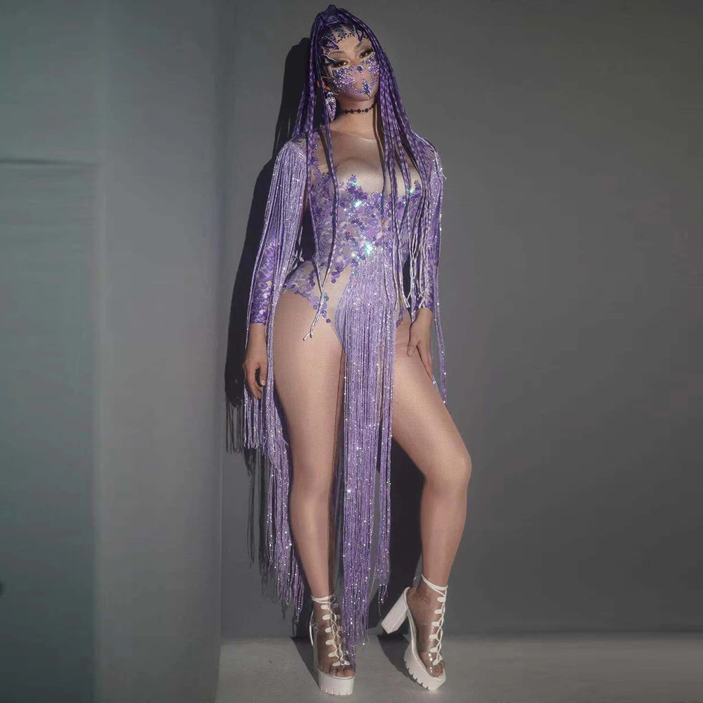 

Nightclub Party Rhinestone Long Tassel Party Bodysuit Women Stretch Purple Sequin Fringes Jumpsuit Dancer Leotard Stage Outfits