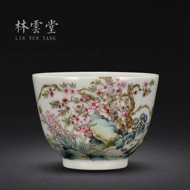 Lin Yuntang hand painted pink peach blossom Master Cup single cup Jingdezhen handmade ceramic kungfu tea cup