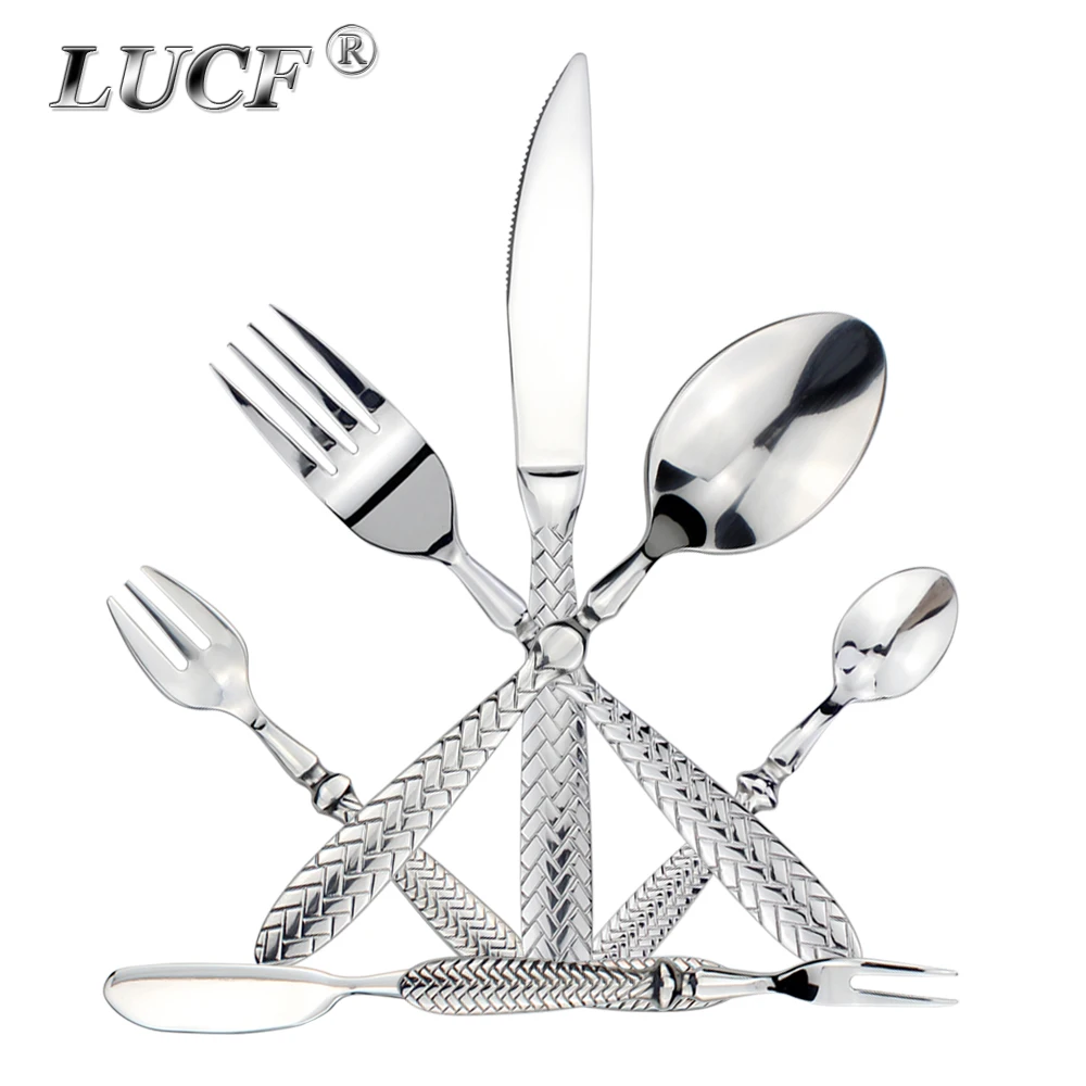 LUCF Royal Luxury Woven Pattern Handle Mirror Stainless Steel Dinnerware Elegant Cutlery Delicate Tableware For Kitchen Hotel