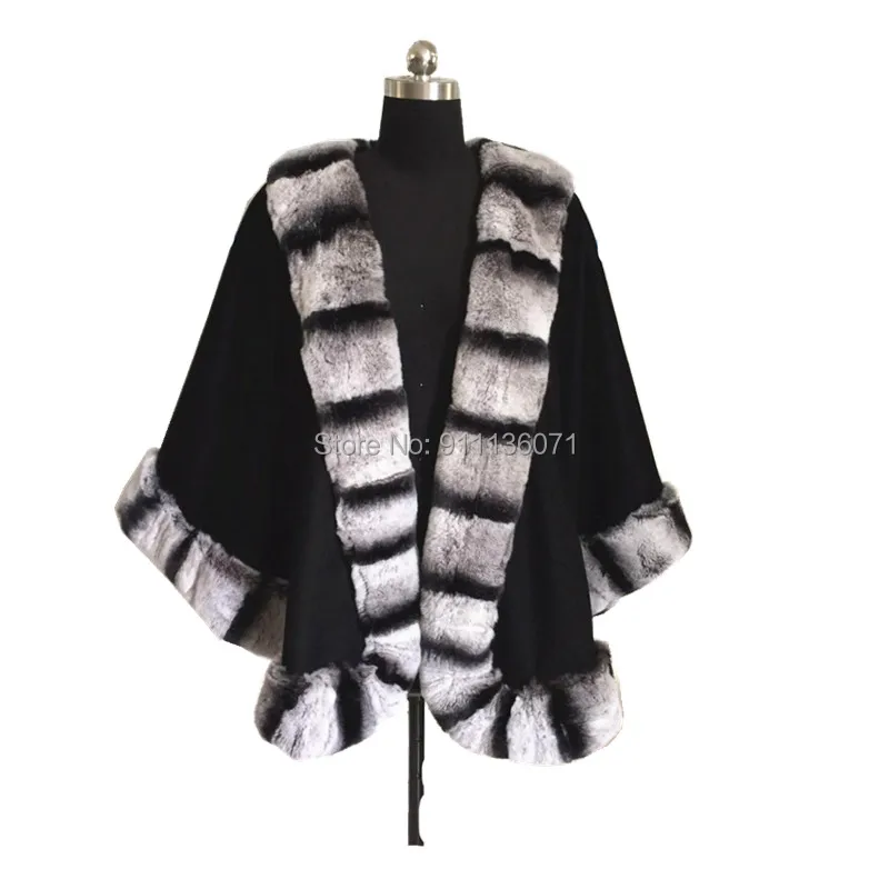 

Custom Adult Size Cashmere Cape With Rex Chinchilla Fur Trim Poncho