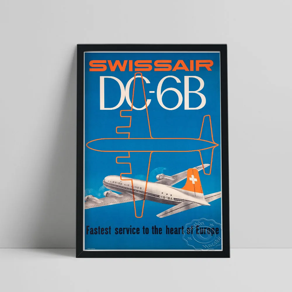 1951 Airline Travel Promoting Poster, Switzerland Fastest Service To The Heart Of Europe Art Print, Vintage Aeroplane Home Decor