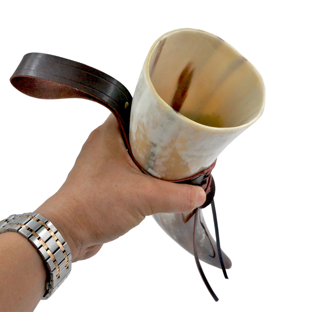 Natural Viking Drinking Horn with Stand or Leather Case- Horn Mug with Polished Finish