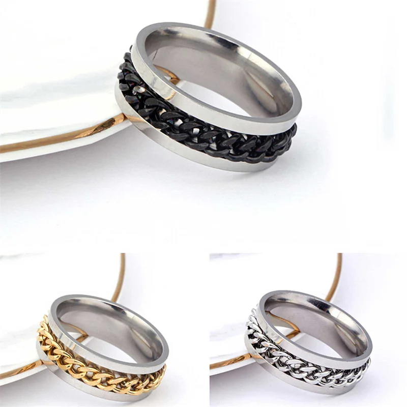 Cool Stainless Steel Rotatable Men Couple Ring Spinner Chain Rotable Rings Gift