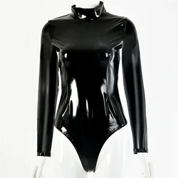 Faux Latex High Cut Sexy Long Sleeve Bodysuit Wetlook Turtleneck PVC Catsuit Body Sculpting Bodystocking Shiny Cosplay Swisuit