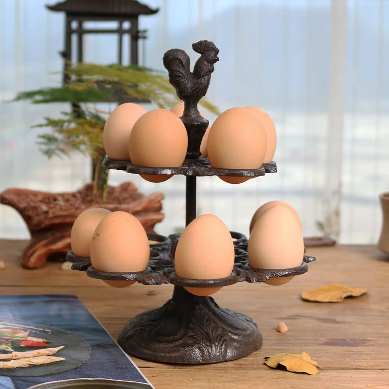 

Two Layers Rooster Cast Iron Egg Holders For 12 Pieces Fresh Eggs Handmade For Home Kitchen Tabletop Storage Rack Tray Holder