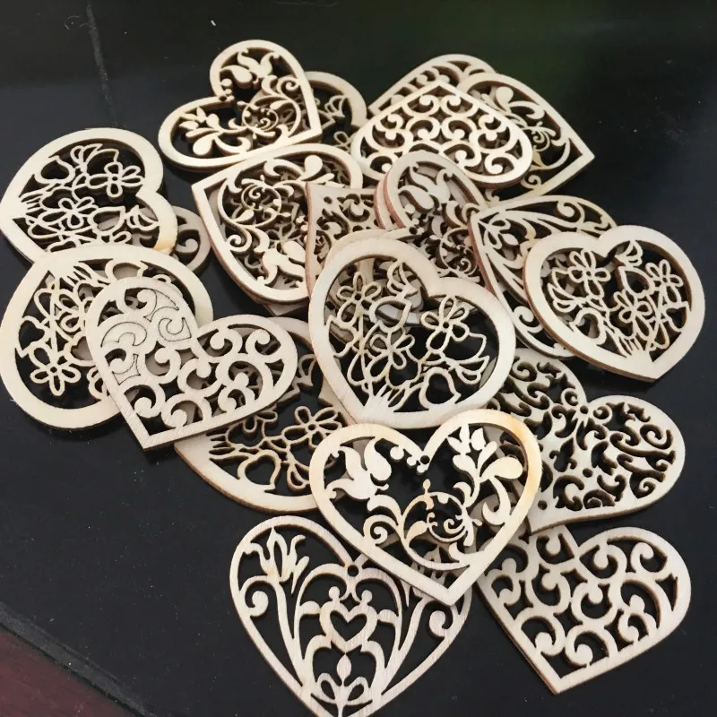 10pcs Hollowed Heart Pattern Small Natural Wooden Slice Scrapbooking Embellishments DIY Craft Decor Heart Shape Love Wood Chip