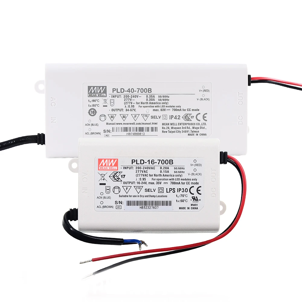 (MeanWell)PLD-16/25/40/60-350/500/700/1050/1400/1750/2000/2400mA led driver ip42 with PFC for LED fixture appliance