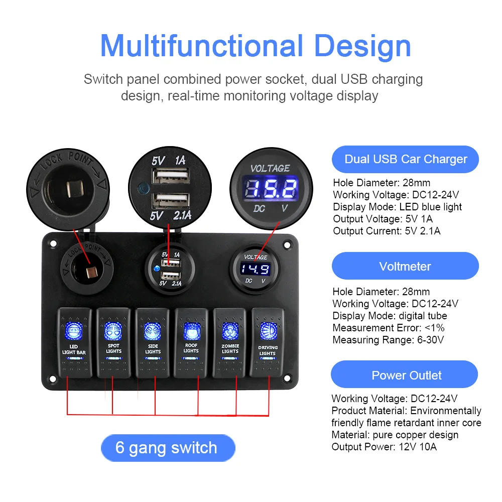 6 Buttons Switch Panel for Car Marine Boat Light Toggle LED Digital Voltmeter Test USB Chargers 12V 24V Power Adapter Waterproof