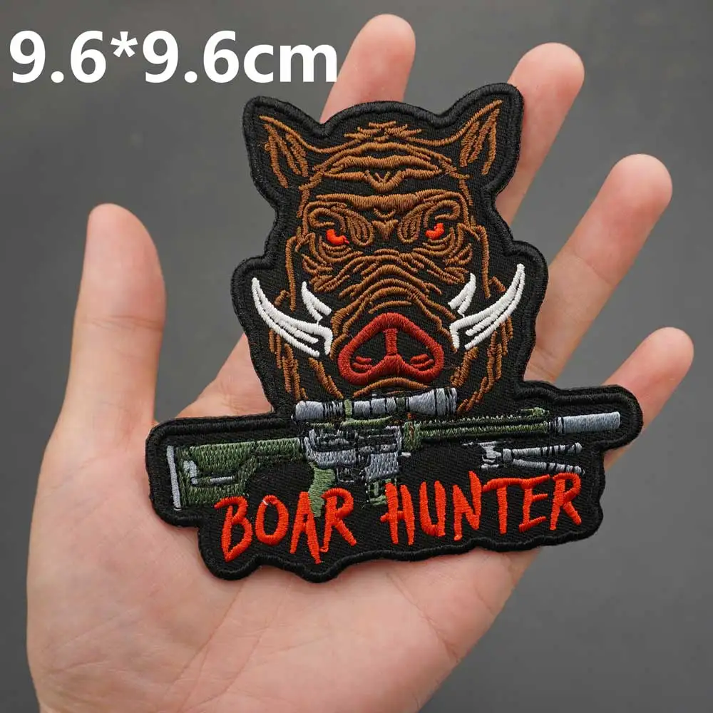 Wild Boar Deer Hunter Hunting Embroidery Patches Merrow Border Hook&Loop Backing Badge for Clothes Hat Accessories