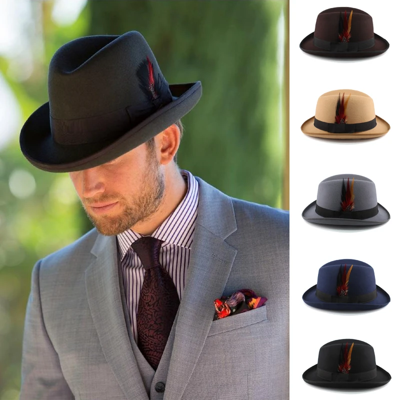 Men Women Wool Blend Classical Homburg Hats Feather Band Fedora Caps Trilby Sunhat Jazz Winter Adjustable Size M-L 7 1/8-7 3/8