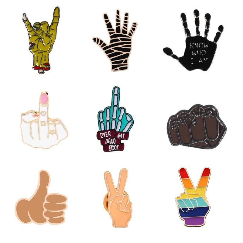 Punk Hand Metal Pins Brooches OK Yeah Good Rock Finger Signal Enamel Pin Badges Various Gestures Jewelry for Women Men Kids Gift