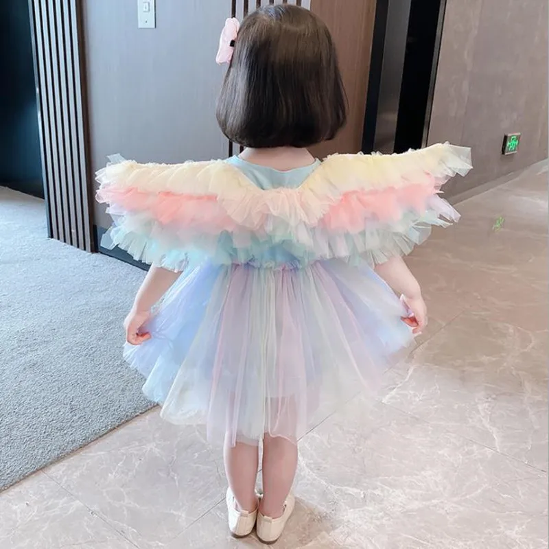 Kids Clothes Girls Princess Dress 2021 Summer Korean Fashion Back Mesh Wing Short Sleeve Ball Gown Bow Birthday Dress Vestidoes