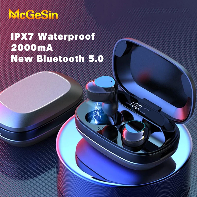 McGeSin Bluetooth Earphones Wireless Headphones IPX7 Waterproof Earbuds Music Headsets Noise Cancelling Earpiece With Microphone