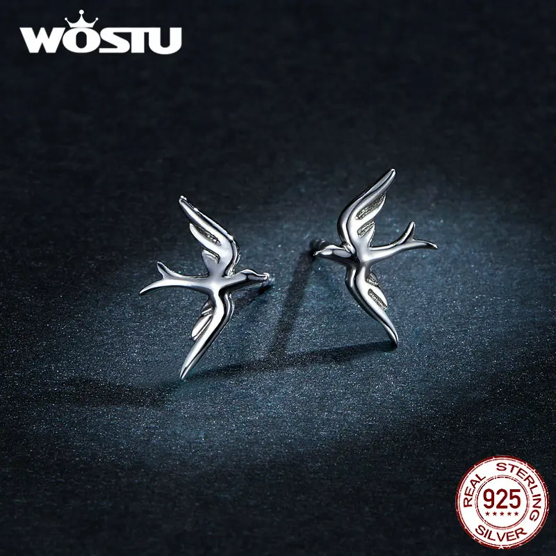 WOSTU 925 Sterling Silver Spring Swallow Bird Stud Earrings For Women Wedding Engagement Small Earrings Lovely Jewelry CTE302