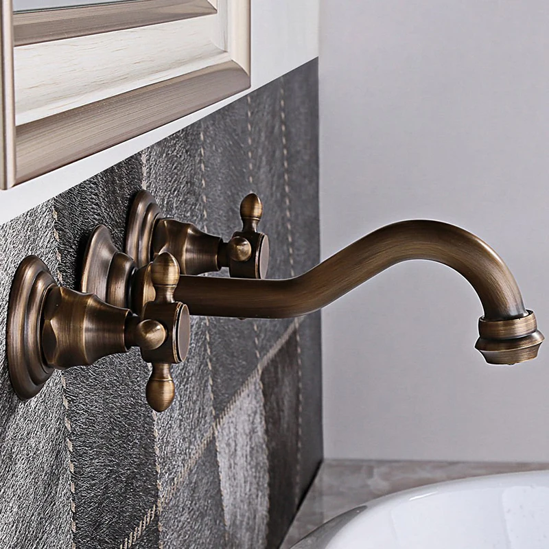 Vidric Black/Antique Brass Basin Sink Faucet 20cm Long Spout Dual Handles 3 Holes Mixer Tap Wall Mounted Bathroom 3pcs Wall taps