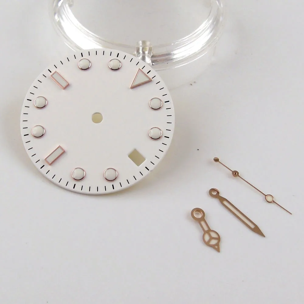 Nologo 28.5mm White Watch Dial fit NH35A Rose Gold Coated Hand Needles Set Luminous Marks