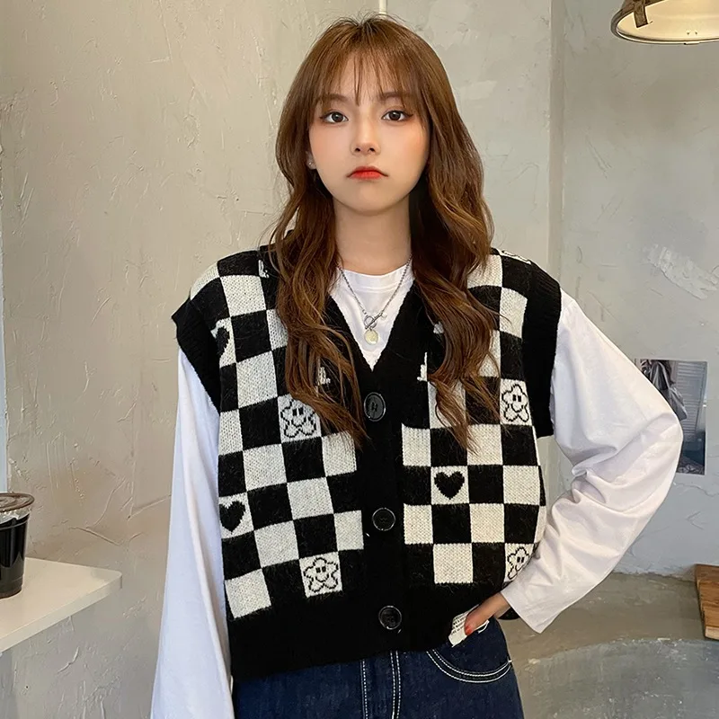 Checkerboard Plaid Sweater Vest For Women Vintage Print Knitted Mini Vest Casual Streetwear Harajuku Clothing Autumn Top