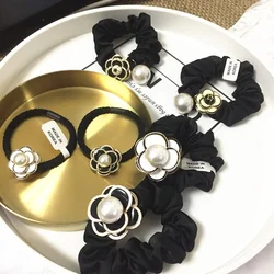 White Big Pearl Flower Camellia Hair Ties Ropes Luxury Handmade Rose Alloy Elastic Hair Band Princess Crystal Hair Accessories