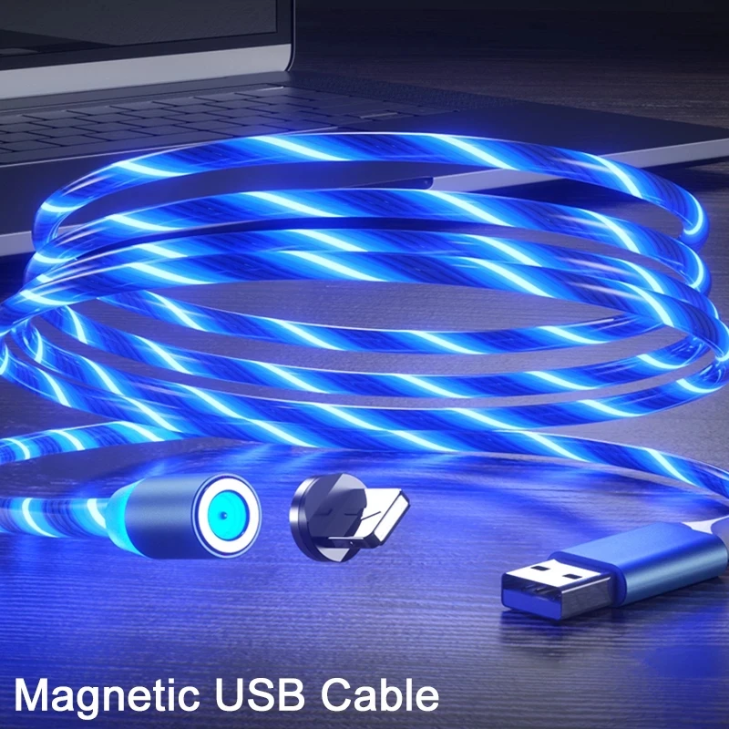 Magnetic LED Flowing USB Bright Cable Micro usb Type C Glowing Lighting Cables For iPhone Xiaomi huawei 1M Luminous Charger Cord