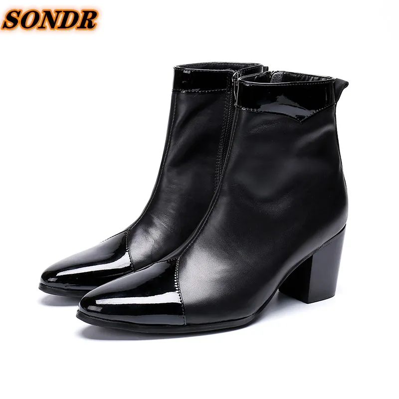 

Men Genuine Leather Boots Pointed Toe Comfortable High Heels Black Zipper Simple Fashion Ankle Boots Botas Militares Hombre