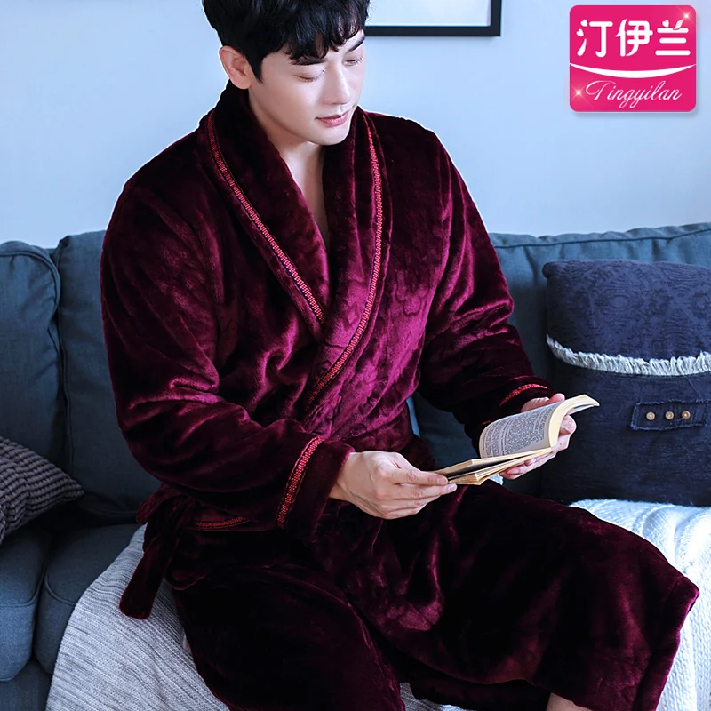 H5957 Men Robes Male Thickened Coral Velvet Autumn Winter Flannel Bathrobe Large Size Long Sleeve Household Clothes Nightwear