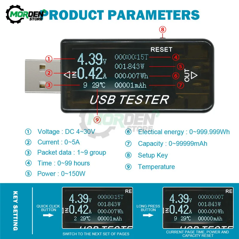 LCD USB Detector Voltmeter Ammeter Mobile Power Charger Capacity Tester Meter Voltage Current Charging Monitor DC 3-30V