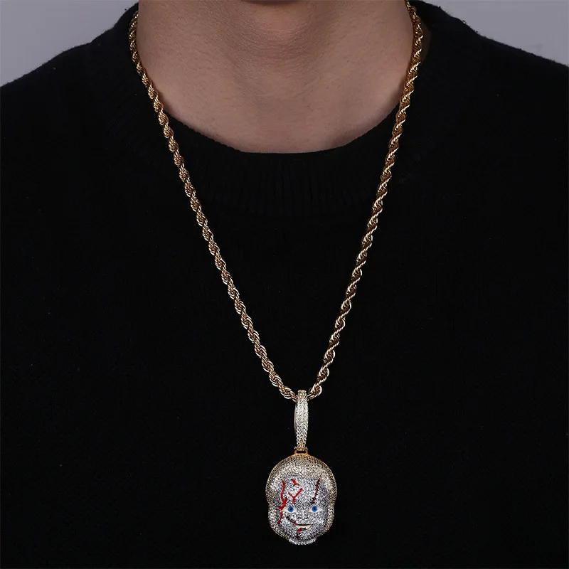 Hip Hop Iced Out Bling Chucky Necklace Gold Plated Chain Halloween Cosplay AAA Cubic Zirconia  Necklace for Men Women