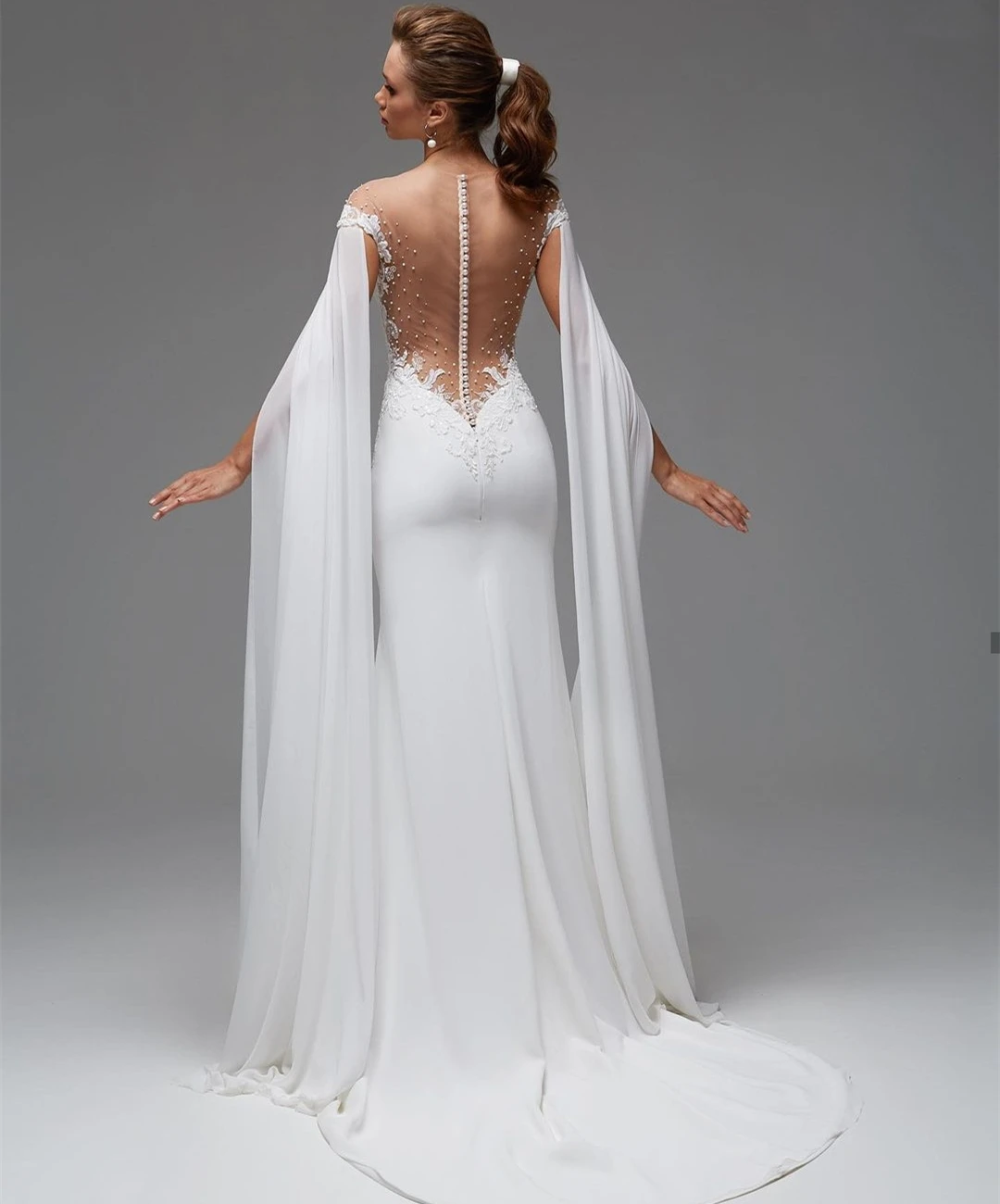 Wedding Dress Mermaid With Wrap Sexy Backless V-Neck Chiffon Fishtail Women bridal Gowns White For Lady Charming Lace Appliques