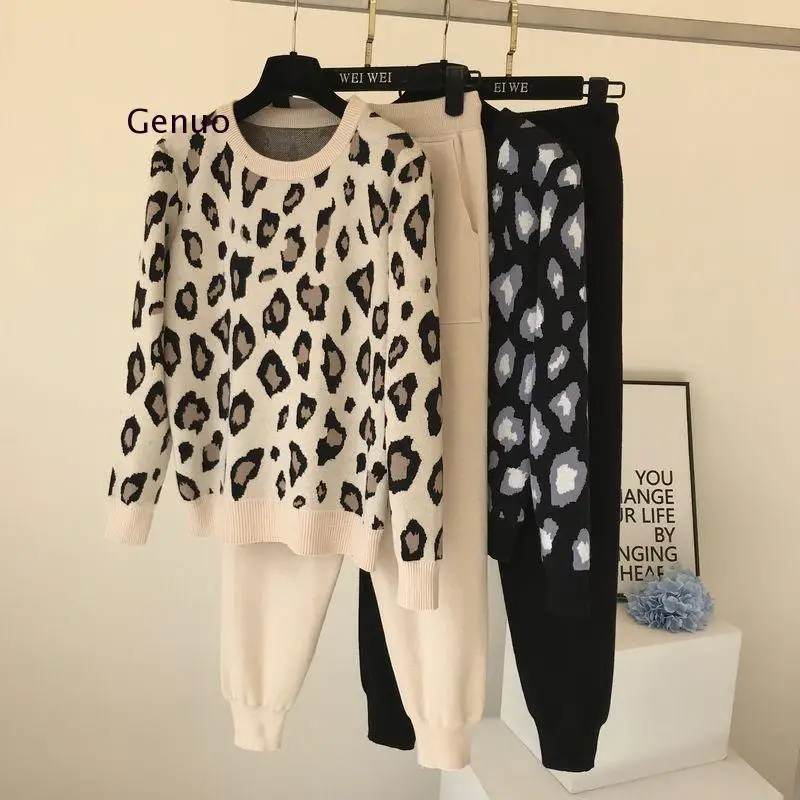 

Streetwear leopard printed knit two peice suit women long sleeve O-Neck sweater tops + solid color harem pants casual tracksuit