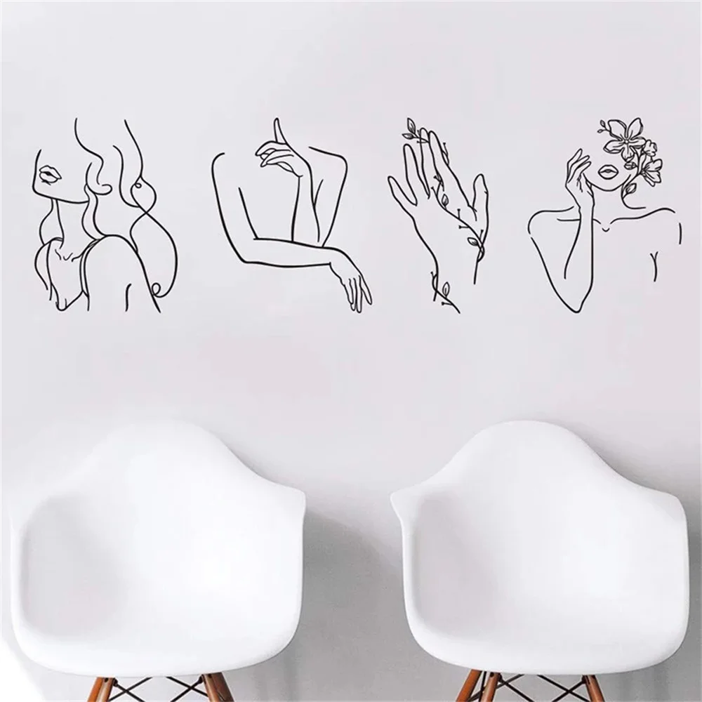 

4Pcs Minimalist Line Sexy Women Wall Sticker Hair Nail Salon Spa Bath Dressing Mirror Wall Decal Girl Room Vinyl Decor Mural Art