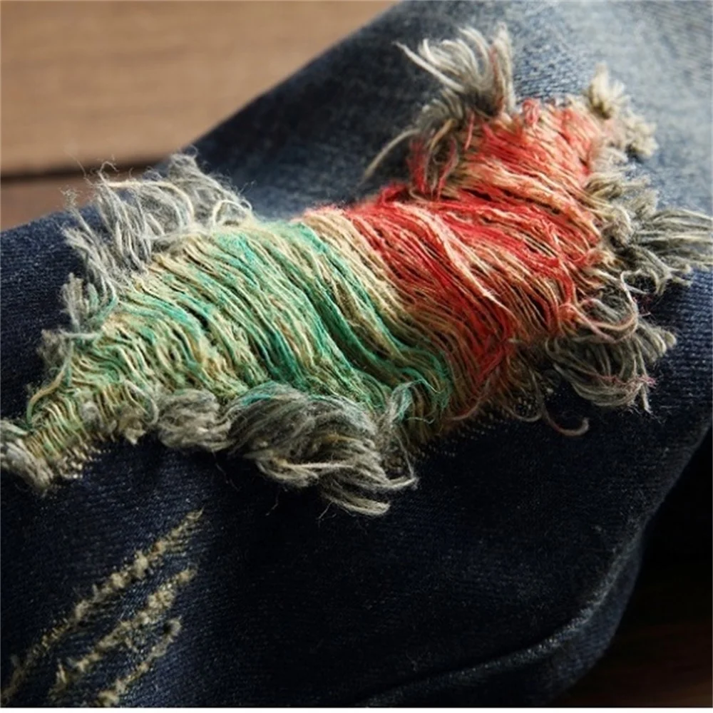 EH·MD® Rainbow Color Scratched Jeans Men's Ripped Embroidered Geometric Shape Straight Cotton Soft Stretch Slim Blue Pants 2021
