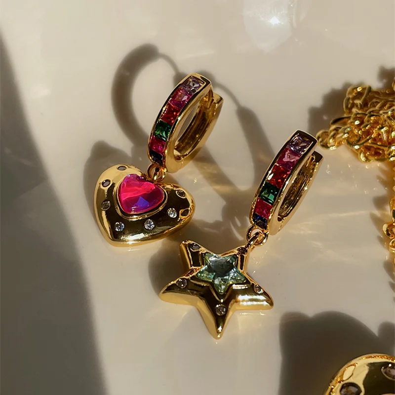 HangZhi 2021 Vintage Colorful Zircon Heart Star Asymmetry Drop Earrings Geometric for Women Girls Party Jewelry Gifts