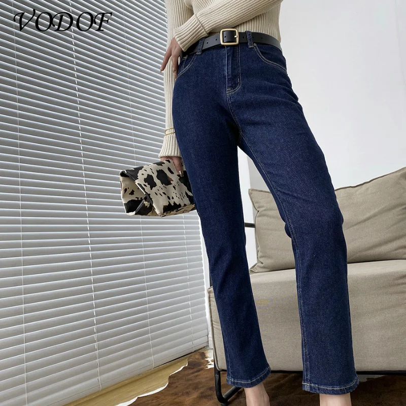 VODOF High Waist Jeans Woman Plus Size Street Style Elastic Waist Denim Pants Cotton Loose Coated Vintage Washed Boyfriend Jeans