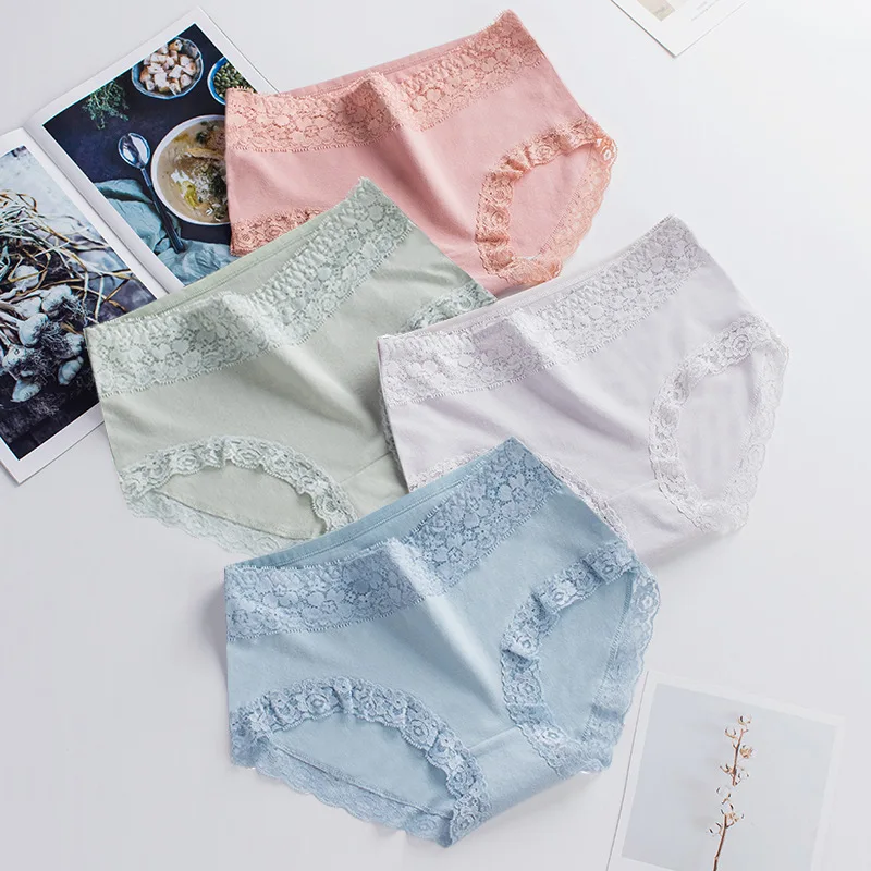 12 PCS Cotton Women's Mid-Rise Underwear Cute Sexy Comfortable Soft Lace Panties Seamless Girl Briefs Flingerie Large Size