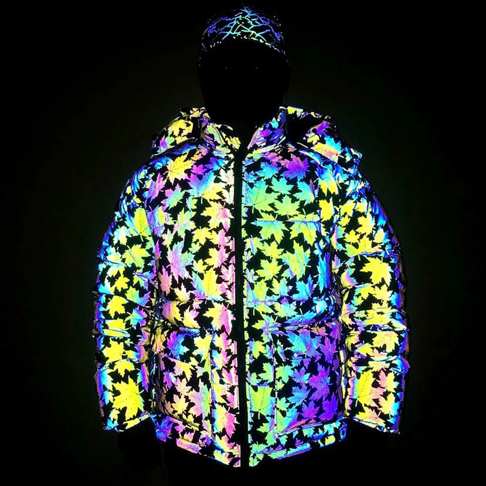 Winter Rainbow Color Reflective Jacket Women\'s Pocket Leaf Reflective Warm Casual Hooded Coat Plus Size Chaqueta De Las Señoras