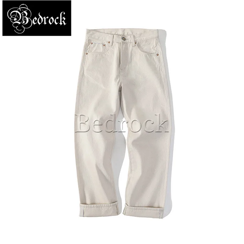 MBBCAR-Jean droit en coton blanc, 12oz, style vintage, denim brut délavé, avec coque, collection 7344